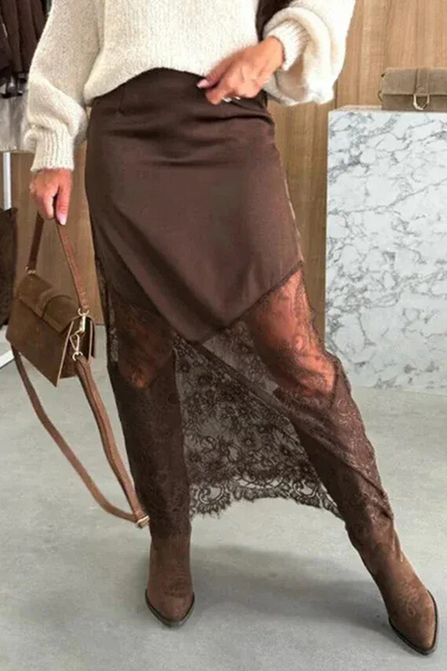 Everyday Lace Dark Brown Patchwork Hem Shift Long Skirt