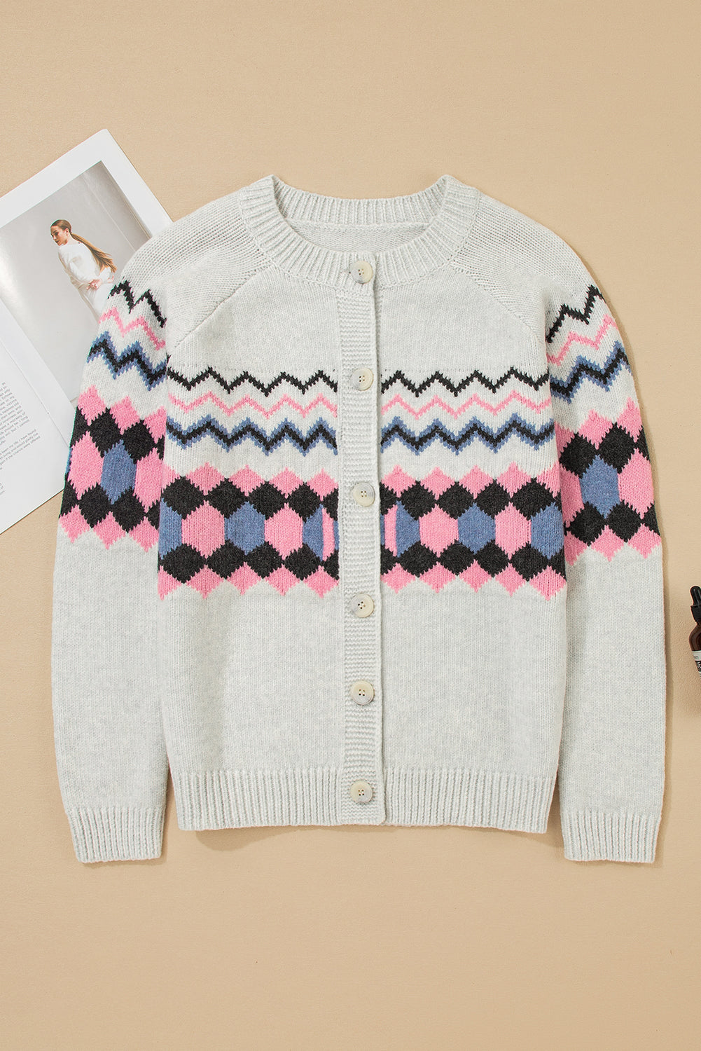 Stripe Geometric Button-Front Cardigan Knit Top in Pink