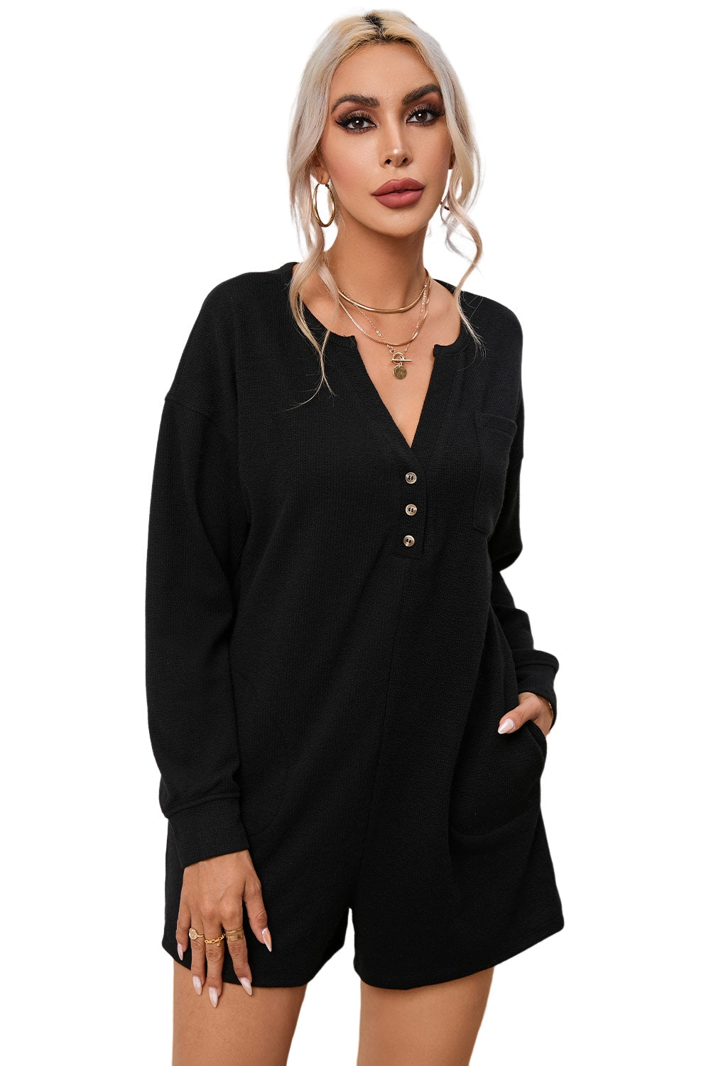 Women's Black Brushed Rib-Knitted Button Split Romper