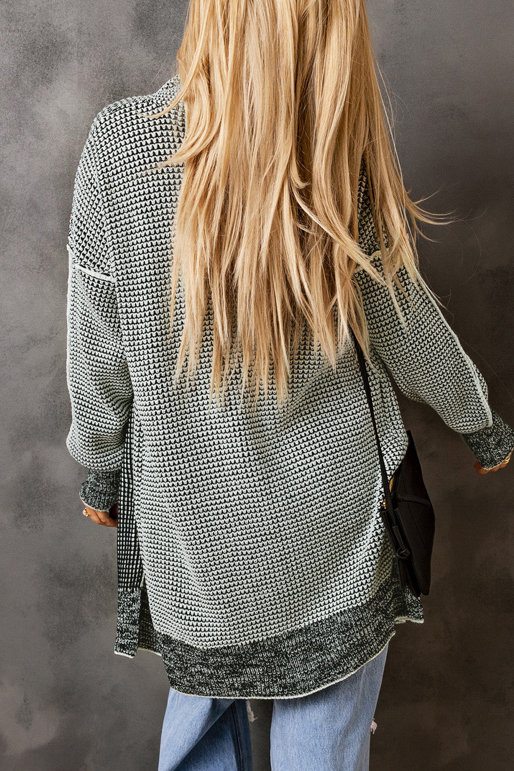 Women's Cardigan with Plaid Knitted Long Open Front Gray