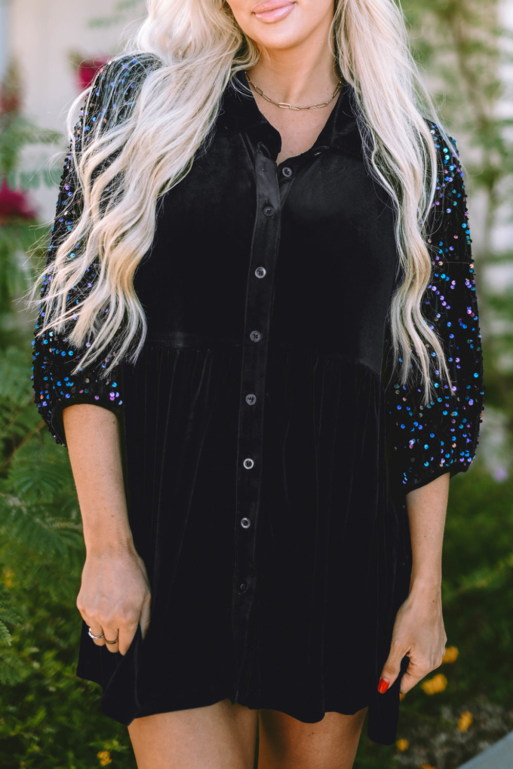 Shirt for Women Sequin Button-Front Velvet Peplum