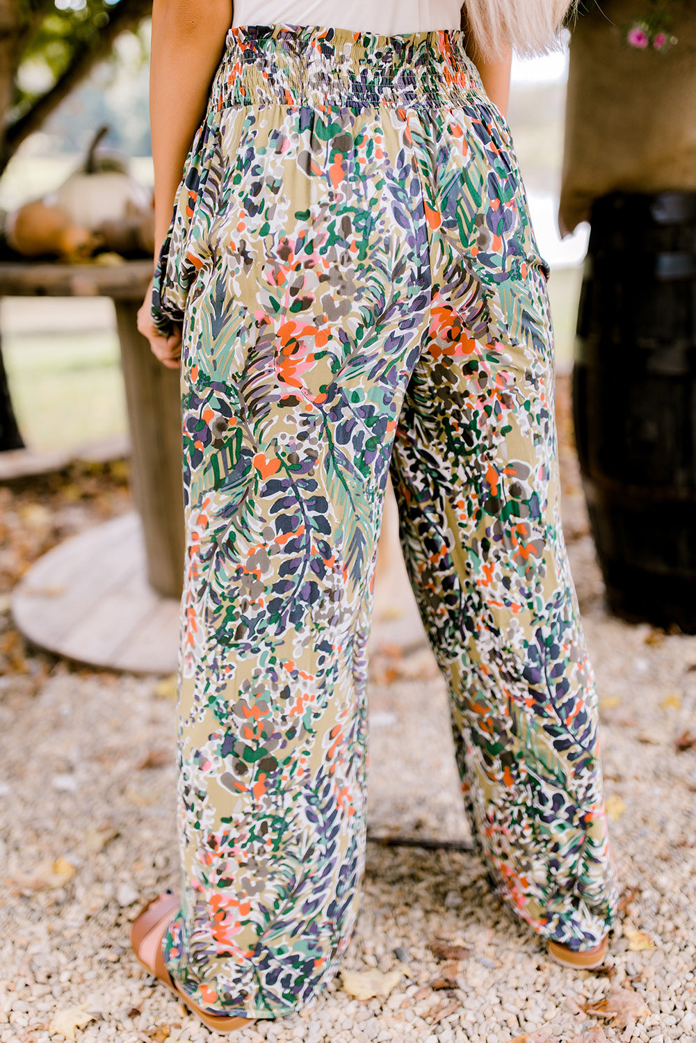 Women's Floral-Print Print Shirred High-Rise Wide-Leg Everyday Pants