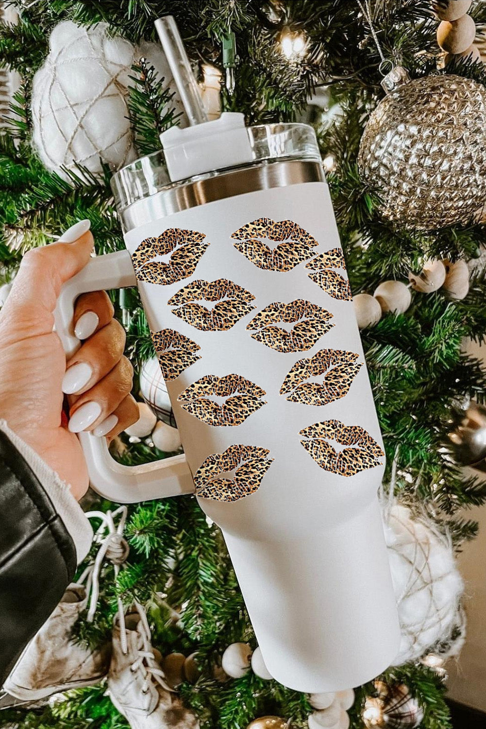 Valentine Print Leopard Lips Thermos Cup with Straw 40oz