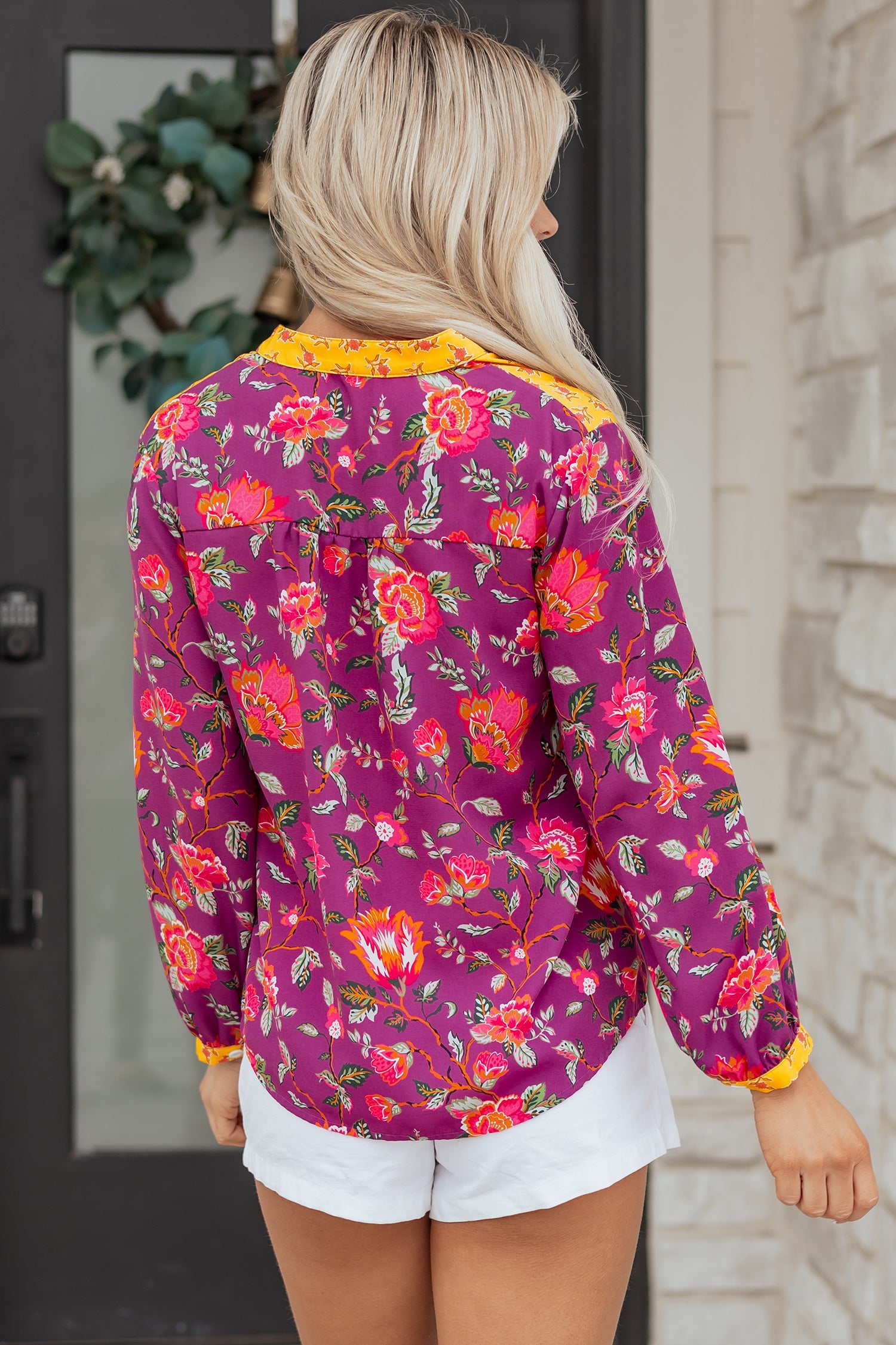 Contrast V-Neck Placket Split Floral Blouse