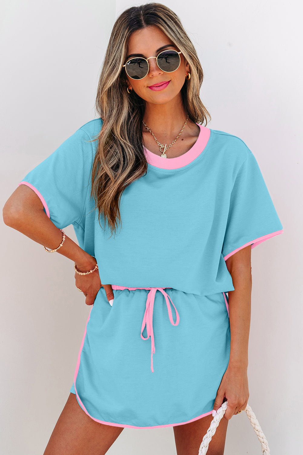 Colorblock Edge Turquoise Edge Drop-Shoulder T Shirt and Skort 2-Piece Outfit