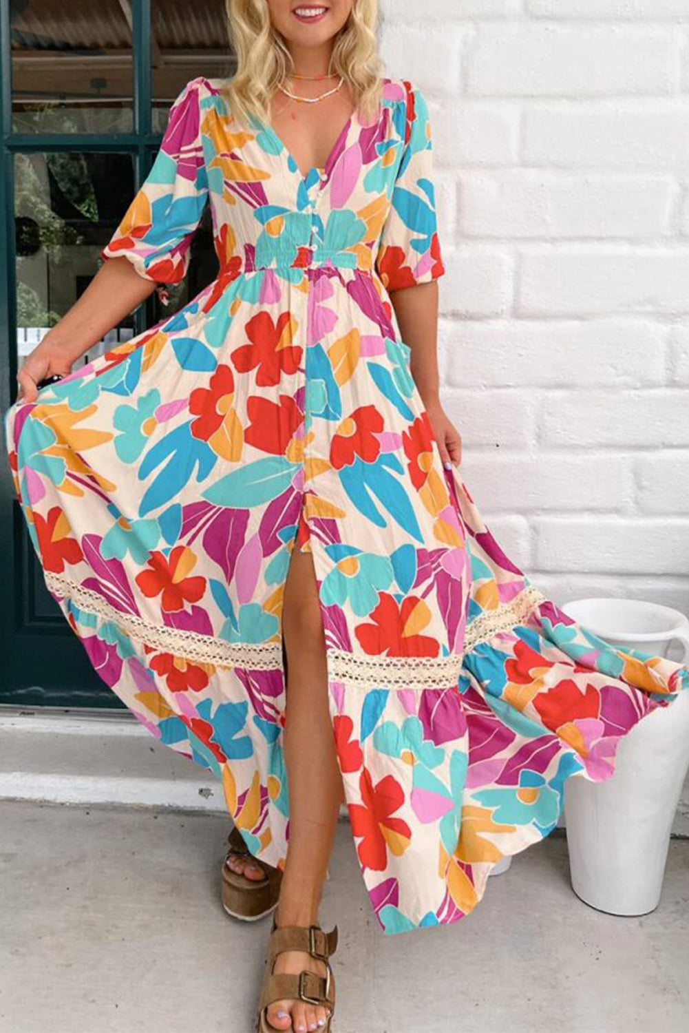 Floral Knot Buttoned Front Split Lace Maxi Dress