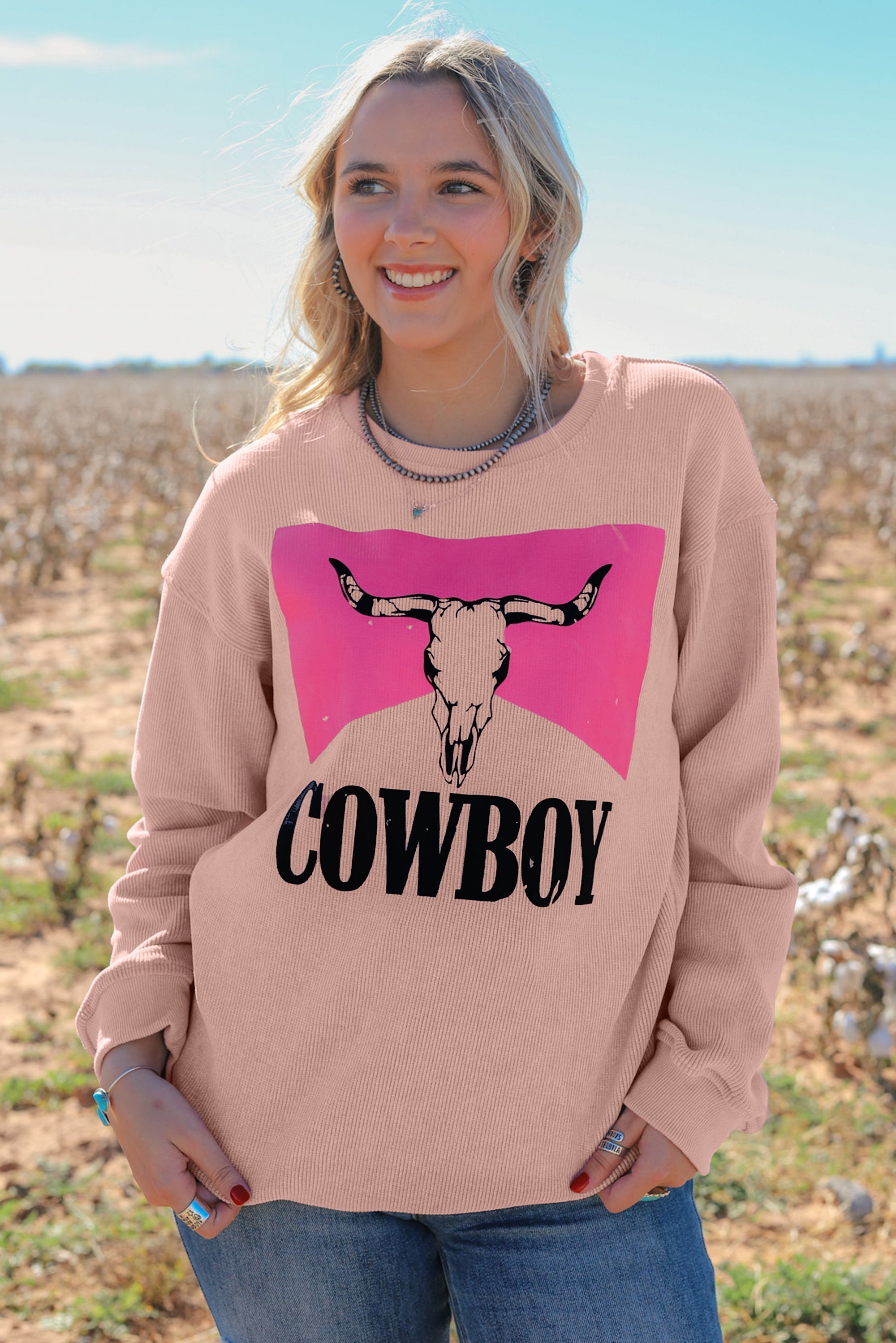 Sweat-shirt filaire à imprimé tête de boeuf et cowboy