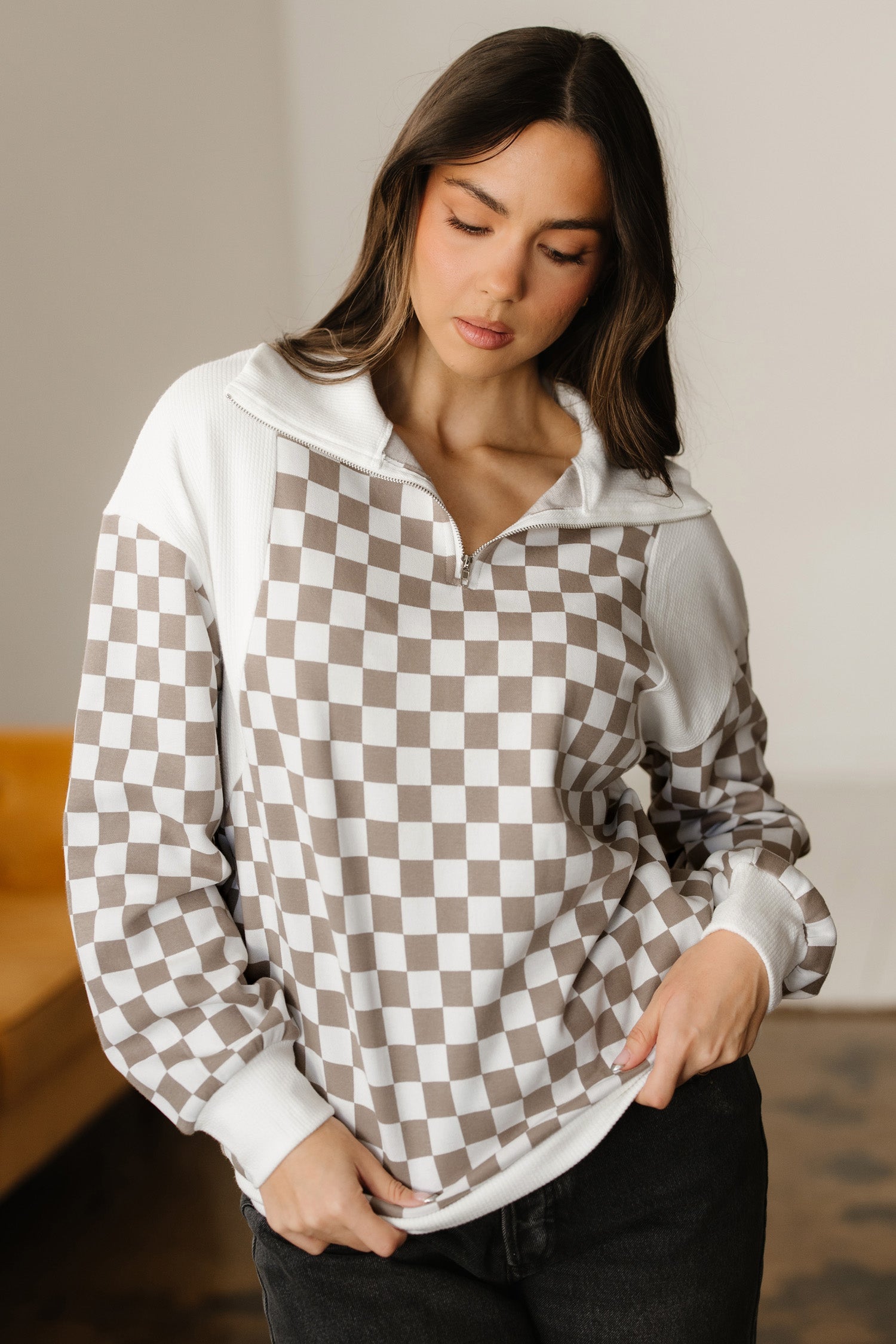 Quarter Patchwork Zip Rib-Knit Loose Sweatshirt
