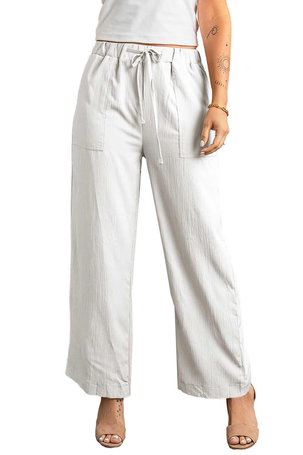 Pantalon large froissé blanc à taille avec cordon de serrage