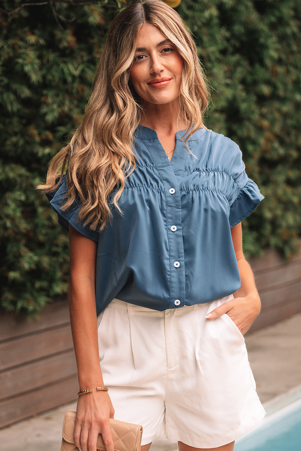 Ruffle Ruched Solid Ruched Short-Sleeved Button-Front Shirt