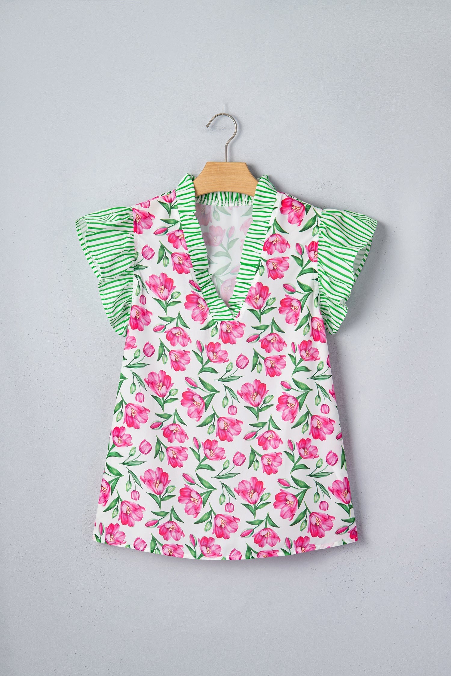 Sweet Floral-Print Striped Ruffle Trim V-Neck Blouse in Multicolour