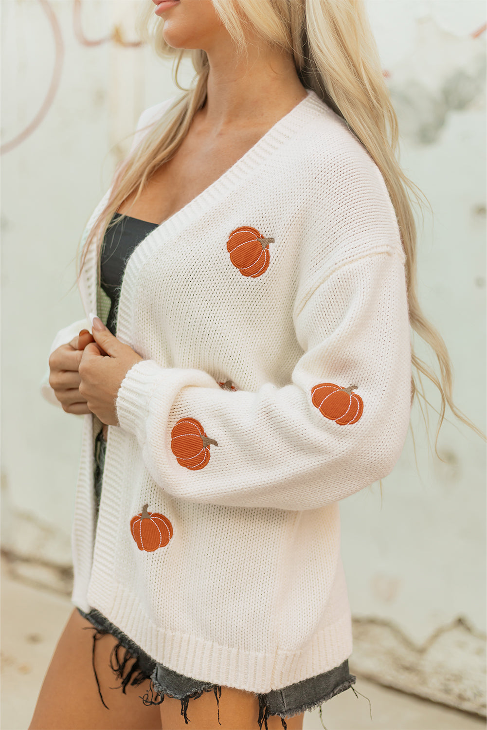 Pumpkin Print Open-Front Drop-Shoulder Midi Cardigan in White