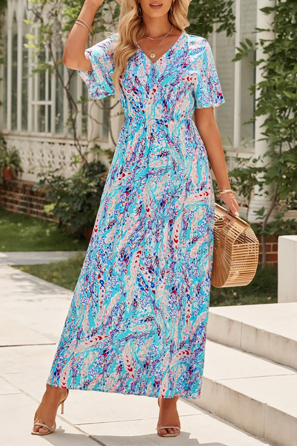 Women's Maxi Dress Featuring Wrap V Neck Floral-Print