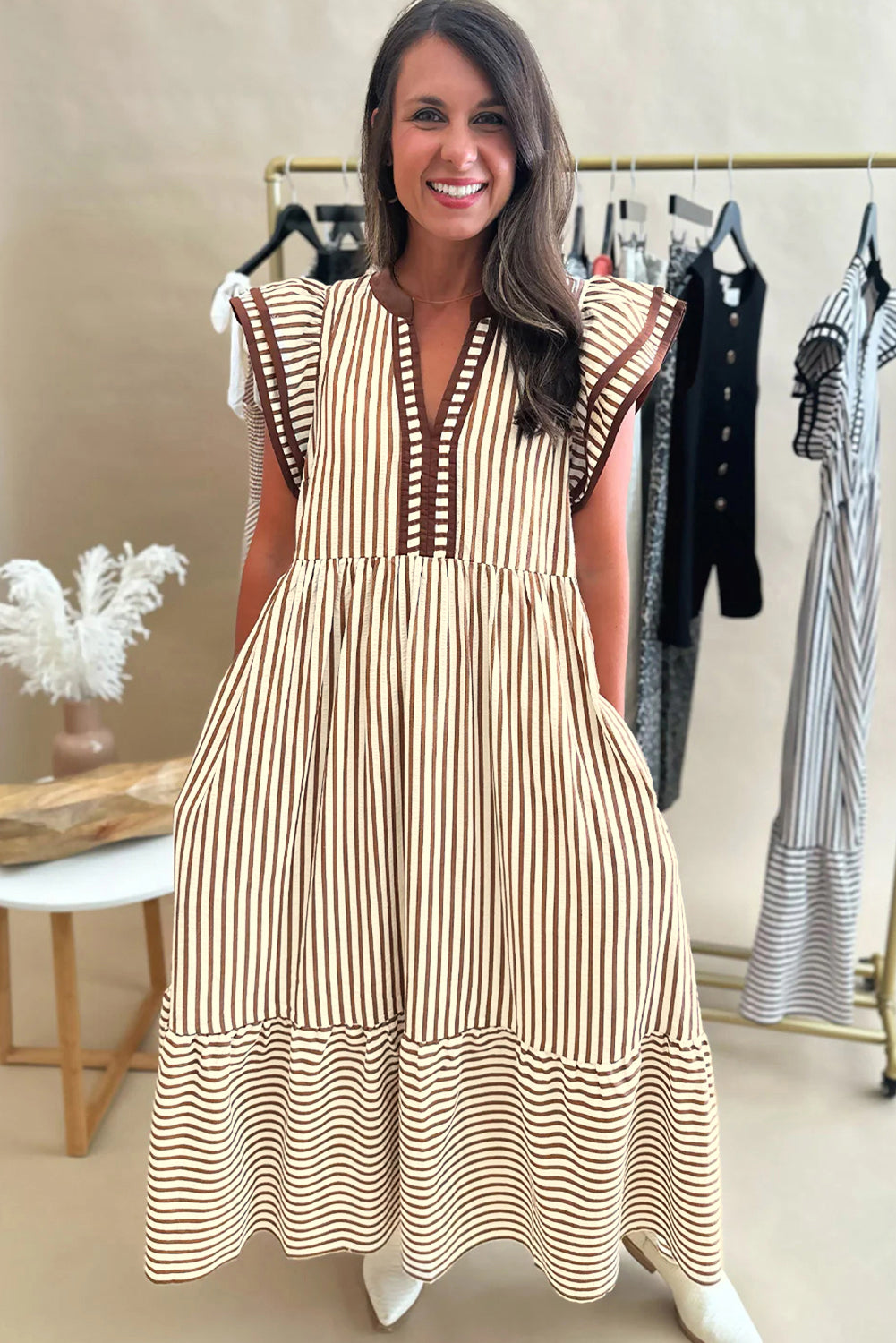 Double Ruffled Short-Sleeved Contrast Trim V-Neck Midi Dress