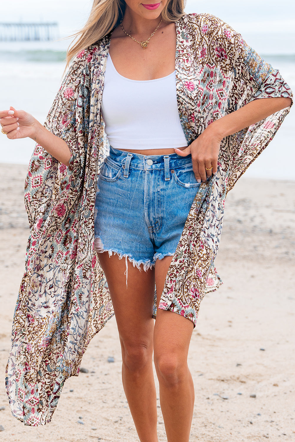 Floral Print Short Wide Sleeve Open Front Loose Kimono