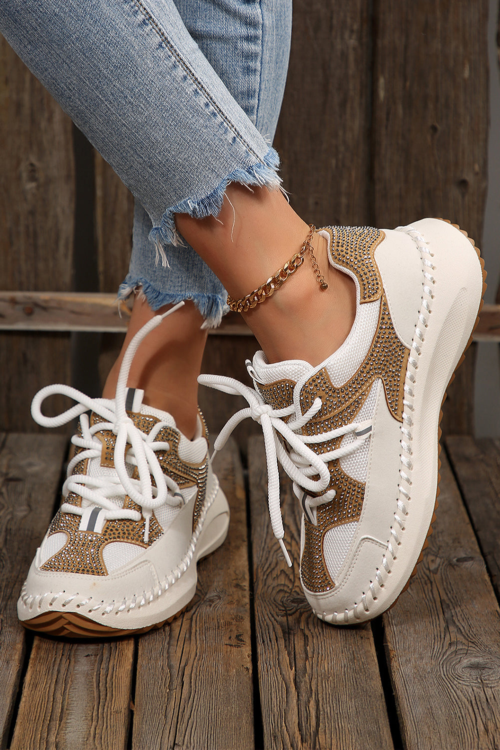 Embellished Colorblock Rhinestone Colorblock Patchwork Lace-up Breathable Sneakers