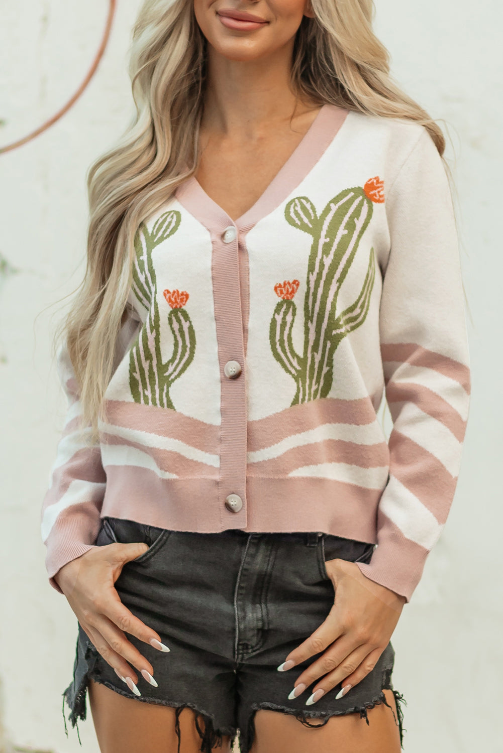 Button-Front Desert Cactus Cardigan Knit Top