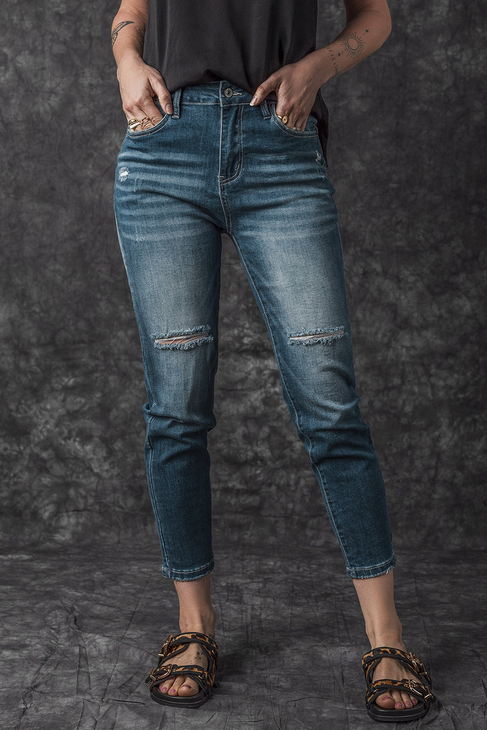 Jean skinny déchiré bleu effet vieilli