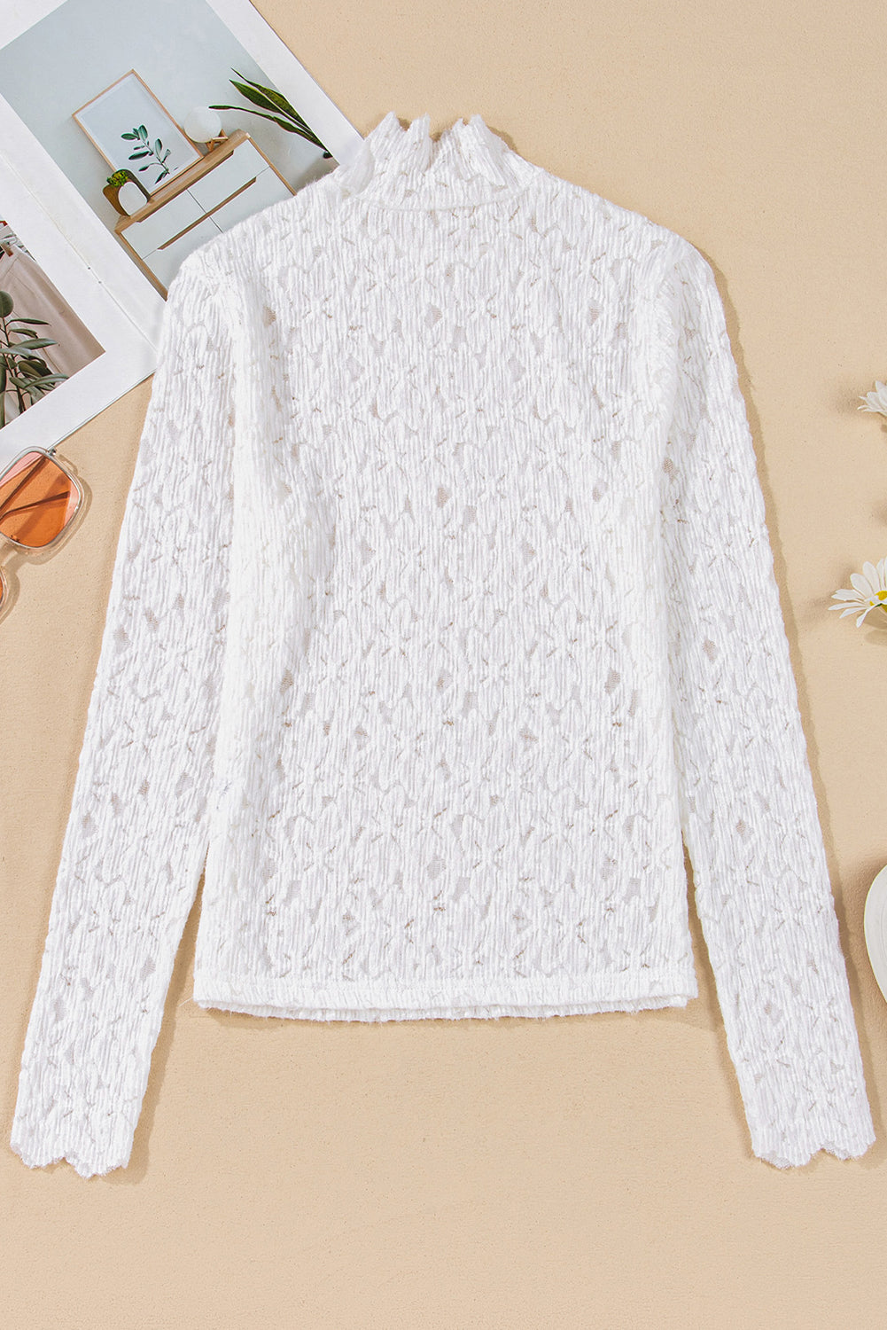 White Flower Lace See Through Mock Neck Top