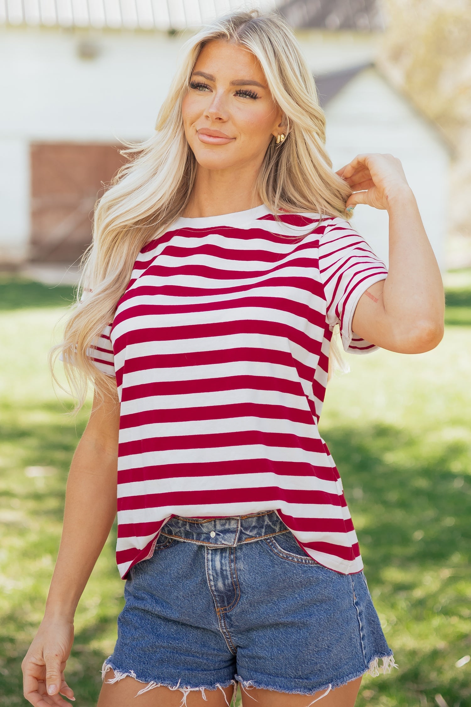 Stripe Patchwork Round-Neck Short-Sleeved T Shirt in Red