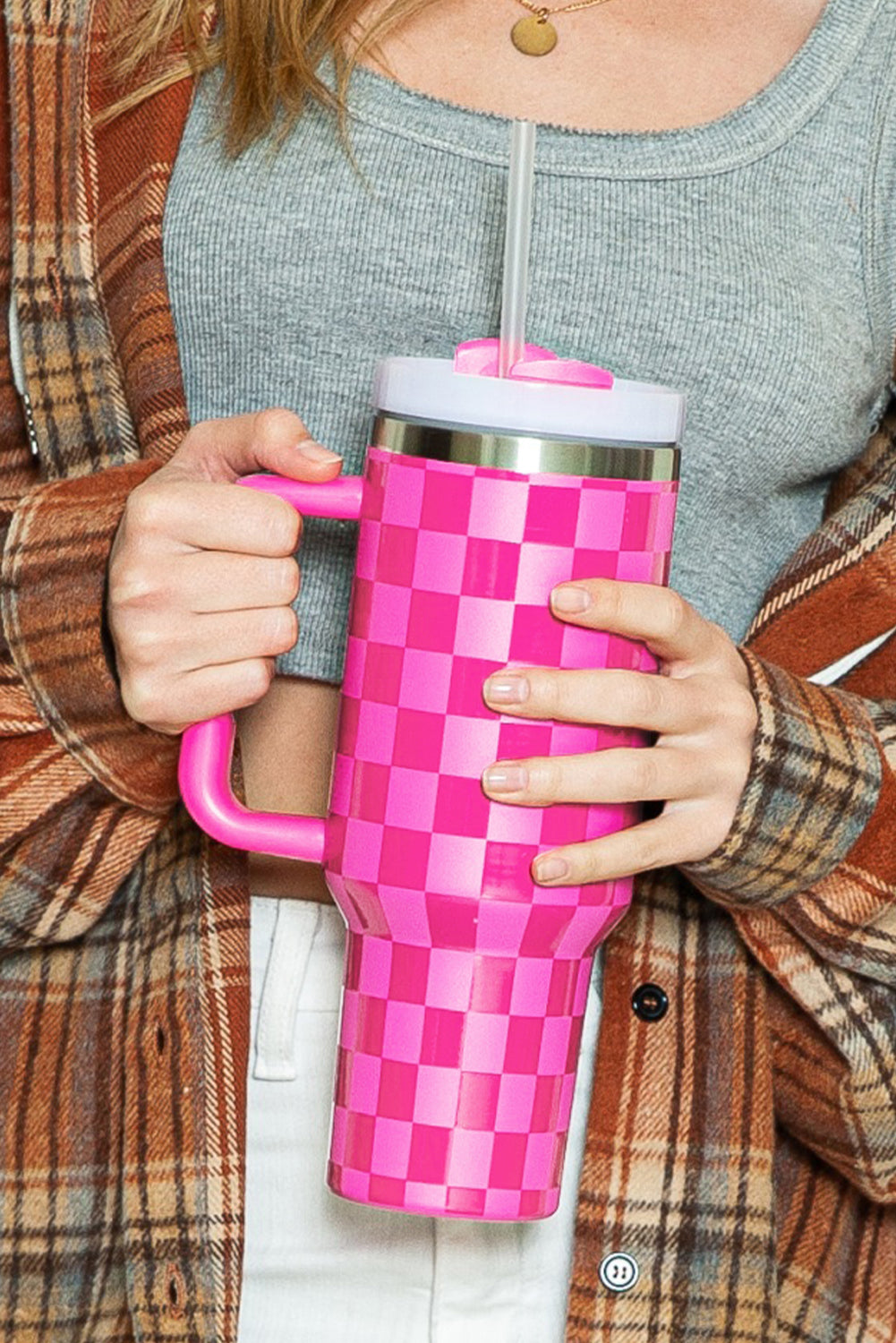 Handled Checkered Print Stainless Steel Tumbler Cup 40oz