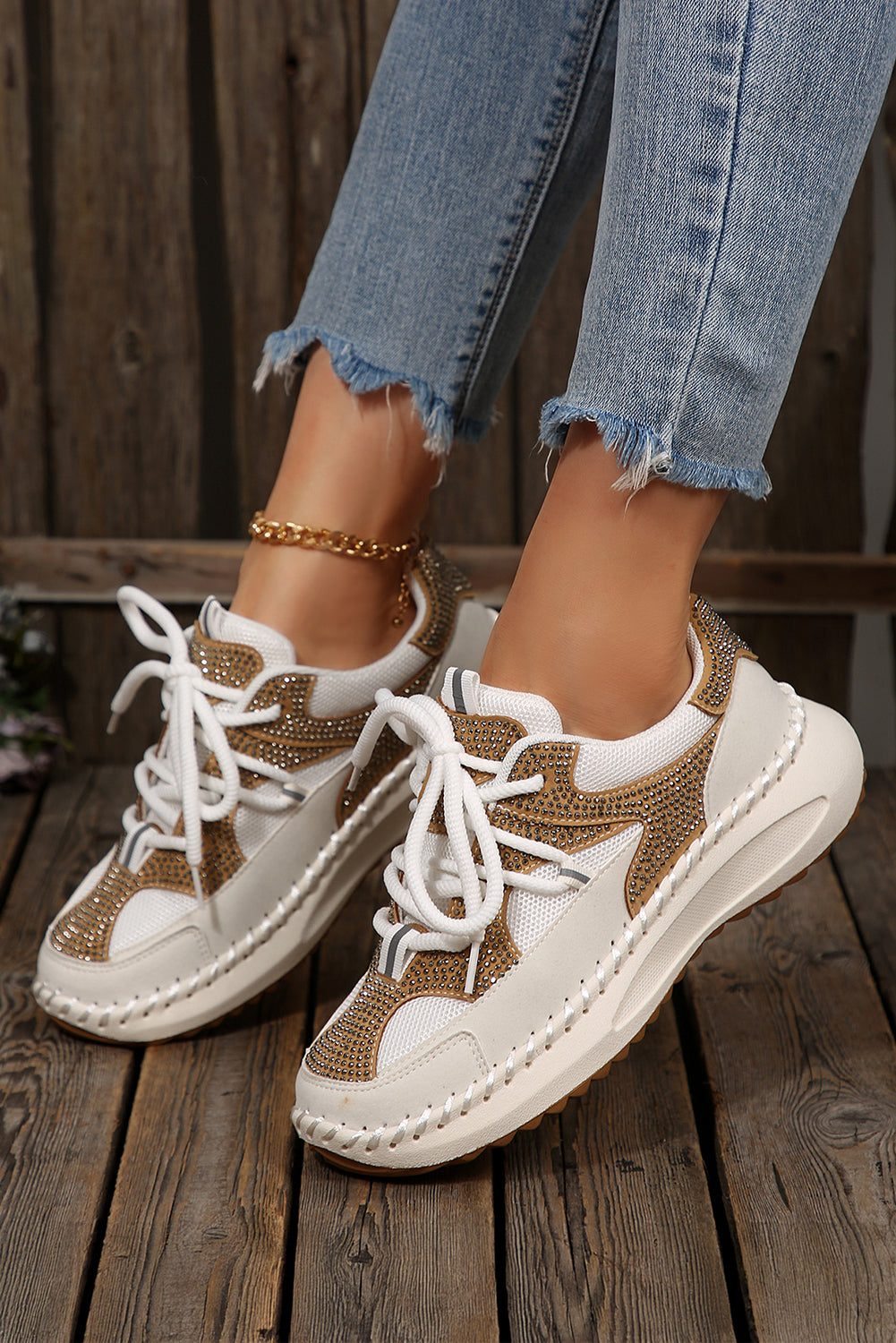 Embellished Colorblock Rhinestone Colorblock Patchwork Lace-up Breathable Sneakers
