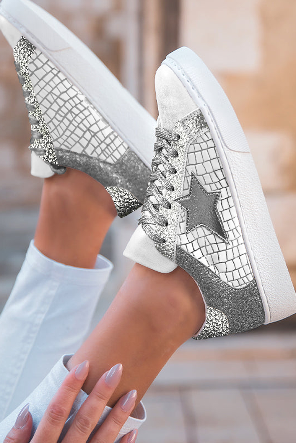 Silvery Glitter Star Patchwork PU Leather Lace-up Sneakers
