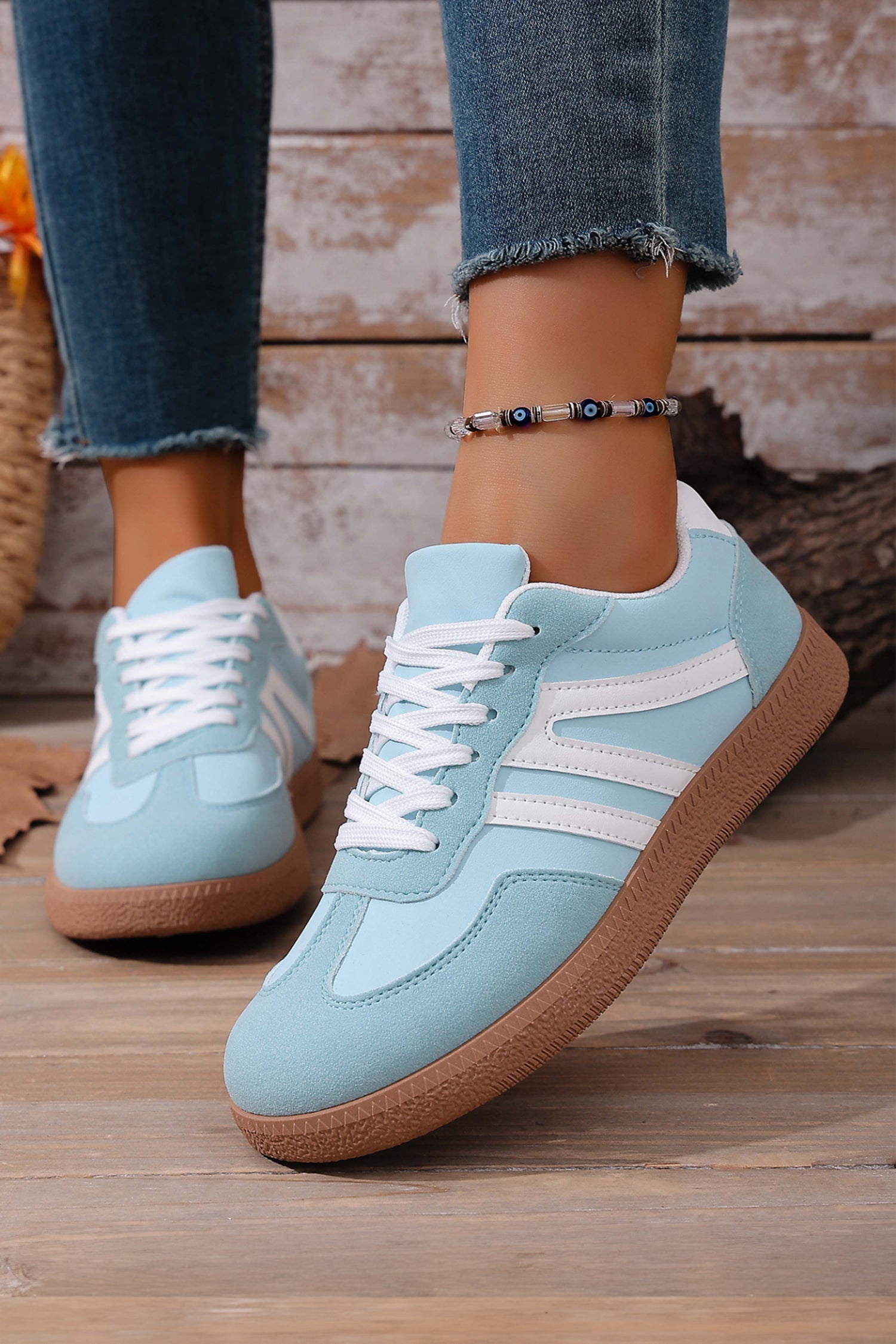 Dusk Blue Faux Suede PU Leather Colorblock Patchwork Lace-up Shoes