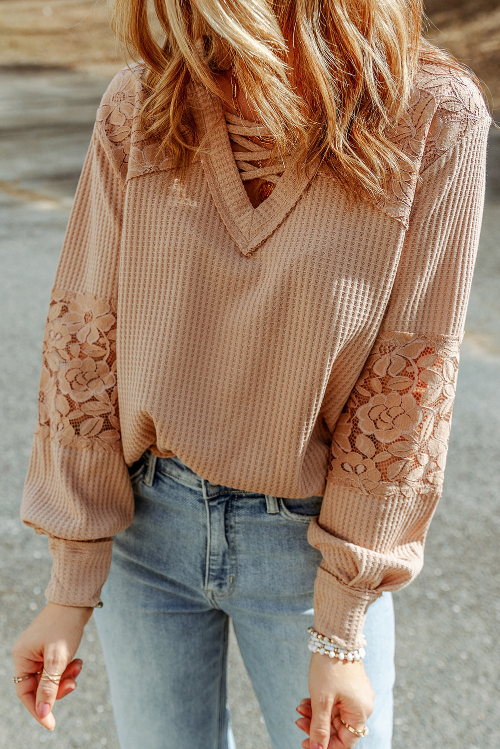 Women's Top Featuring Long-Sleeve Strappy V Neck