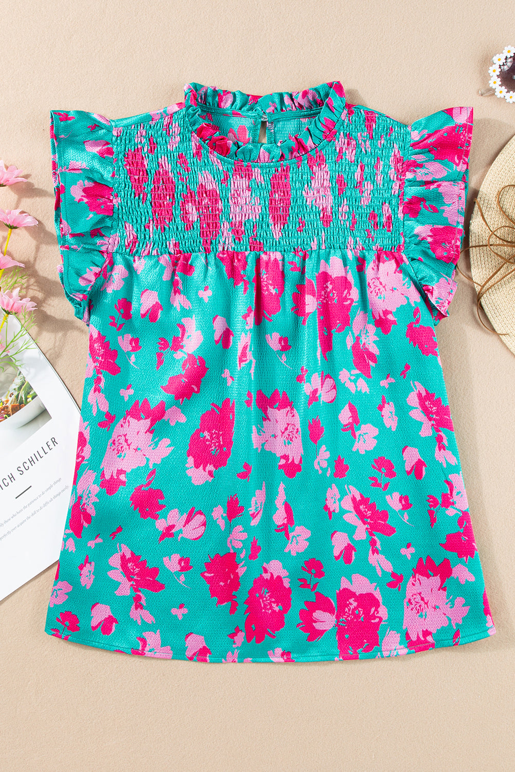 Women's Blouse Featuring Floral-Print Ruffle-Trimmed Flutter Sleeve Ruched