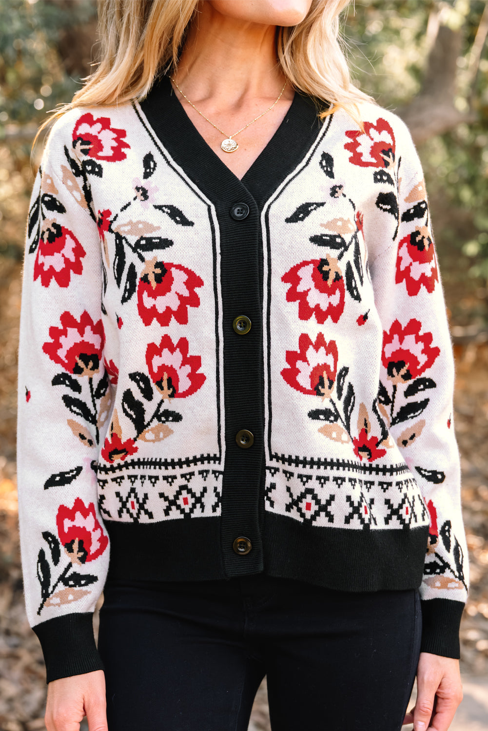 Floral-Print Button-Front V-Neck Knit Cardigan