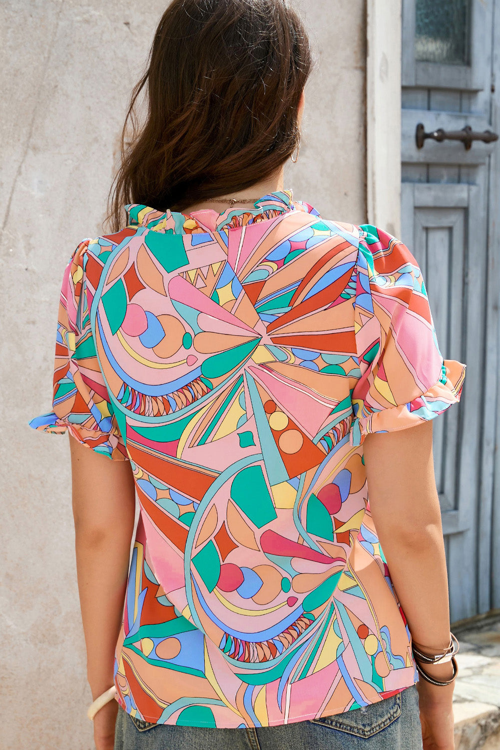 Women's Blouse Featuring Print Frill-Trimmed V Neck