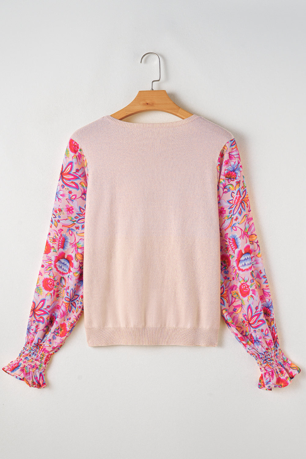 Floral Printed Patchwork Smocked Lantern Sleeve Knit Top