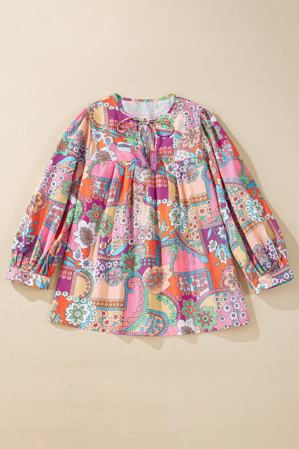 Floral Bubble Boho Bubble Sleeve Tassel Tied Neck Pleated Blouse