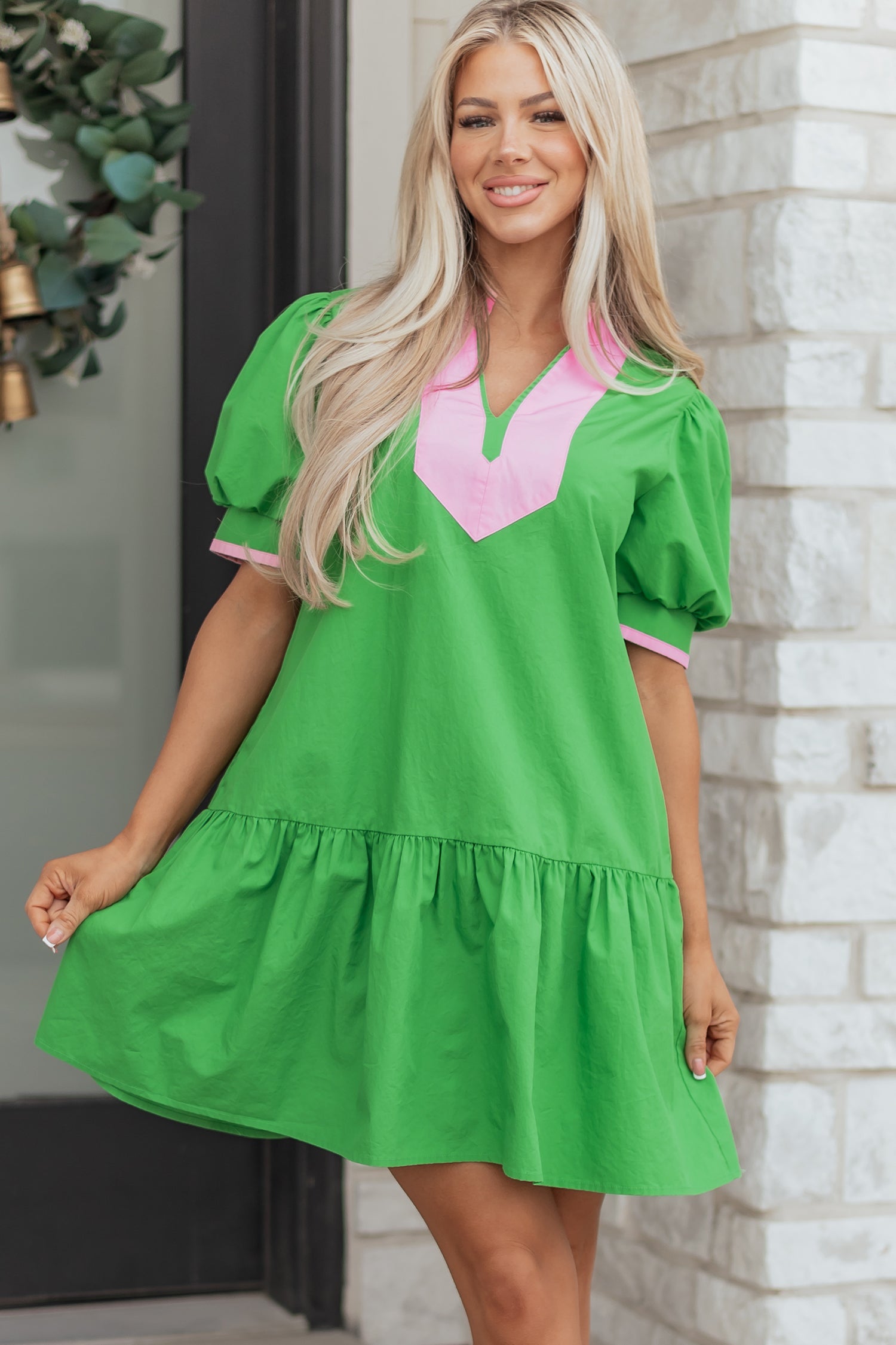 Split Neck Short Puff Sleeve Ruffle Hem Mini Dress