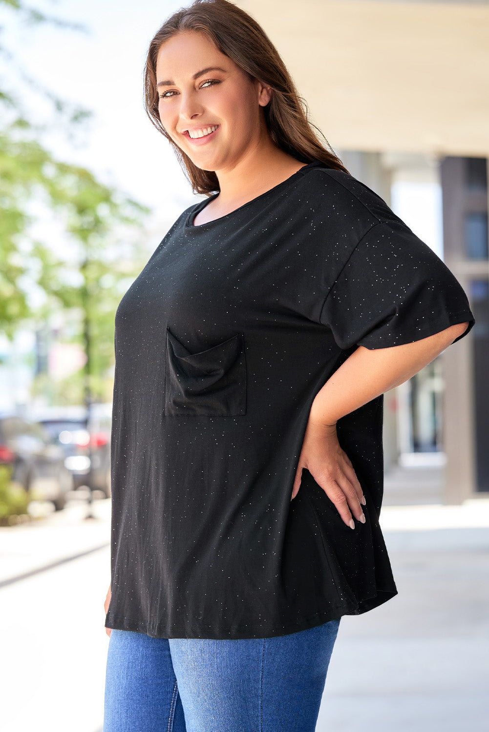 Women's T-shirt with Plus Size Pocket-Detail Splatter Allover