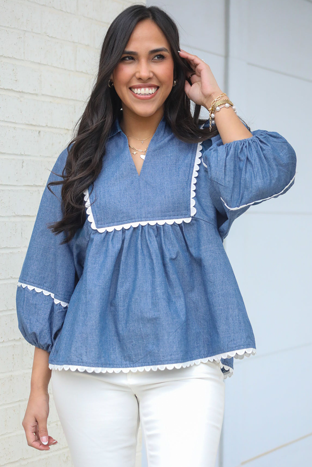 Ric Rac Lace Rac 3/4 Puff Sleeve Collared Babydoll Blouse
