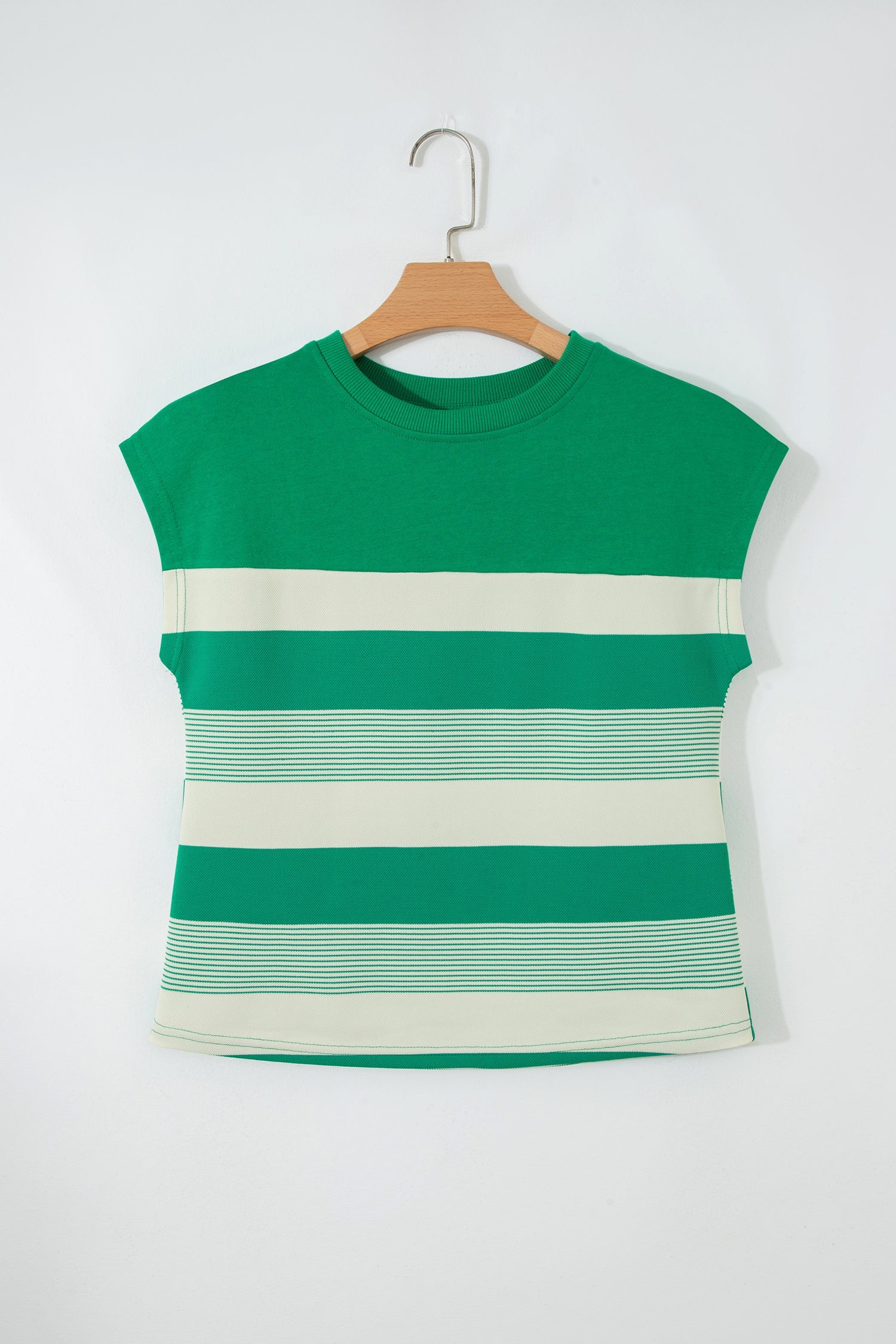 Timeless Mixed Green Stripe Print Crew-Neck Cap Sleeve T Shirt