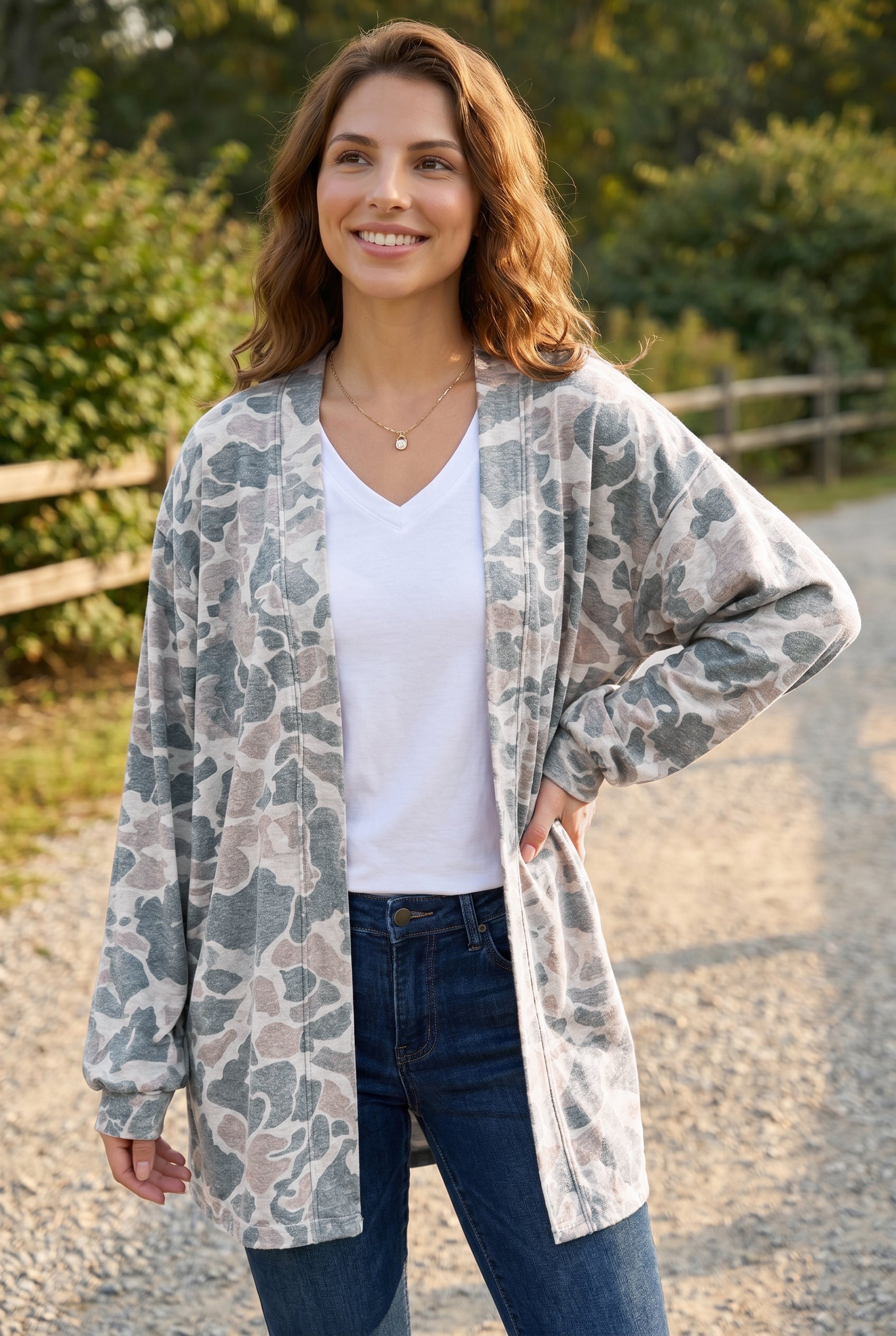 Print Long-Sleeved Camouflage Long-Sleeved Open-Front Tunic Cardigan