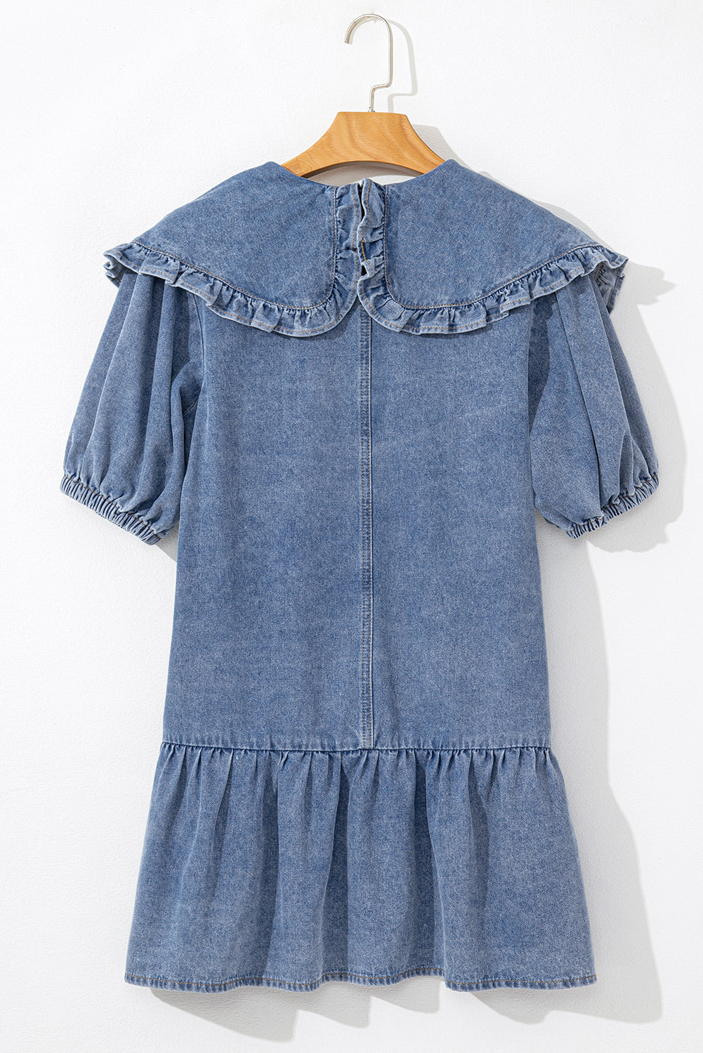 Ruffled Collared Side Pockets Denim Mini Dress