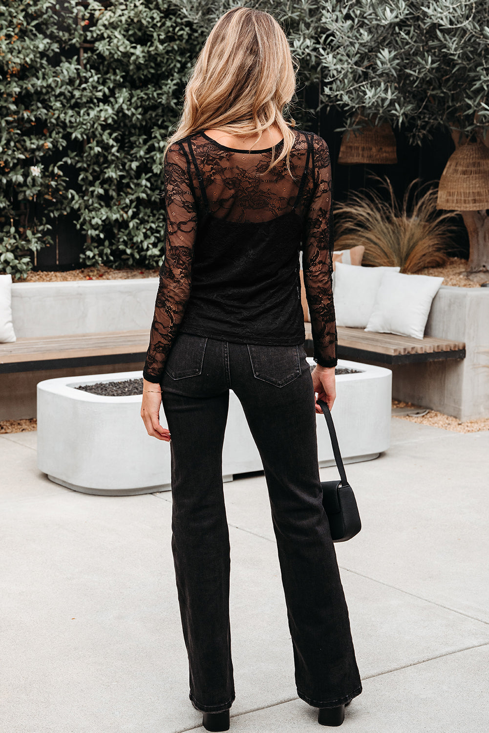 Mesh Lace Crochet Patched Slim Fit Long-Sleeved Top in Black