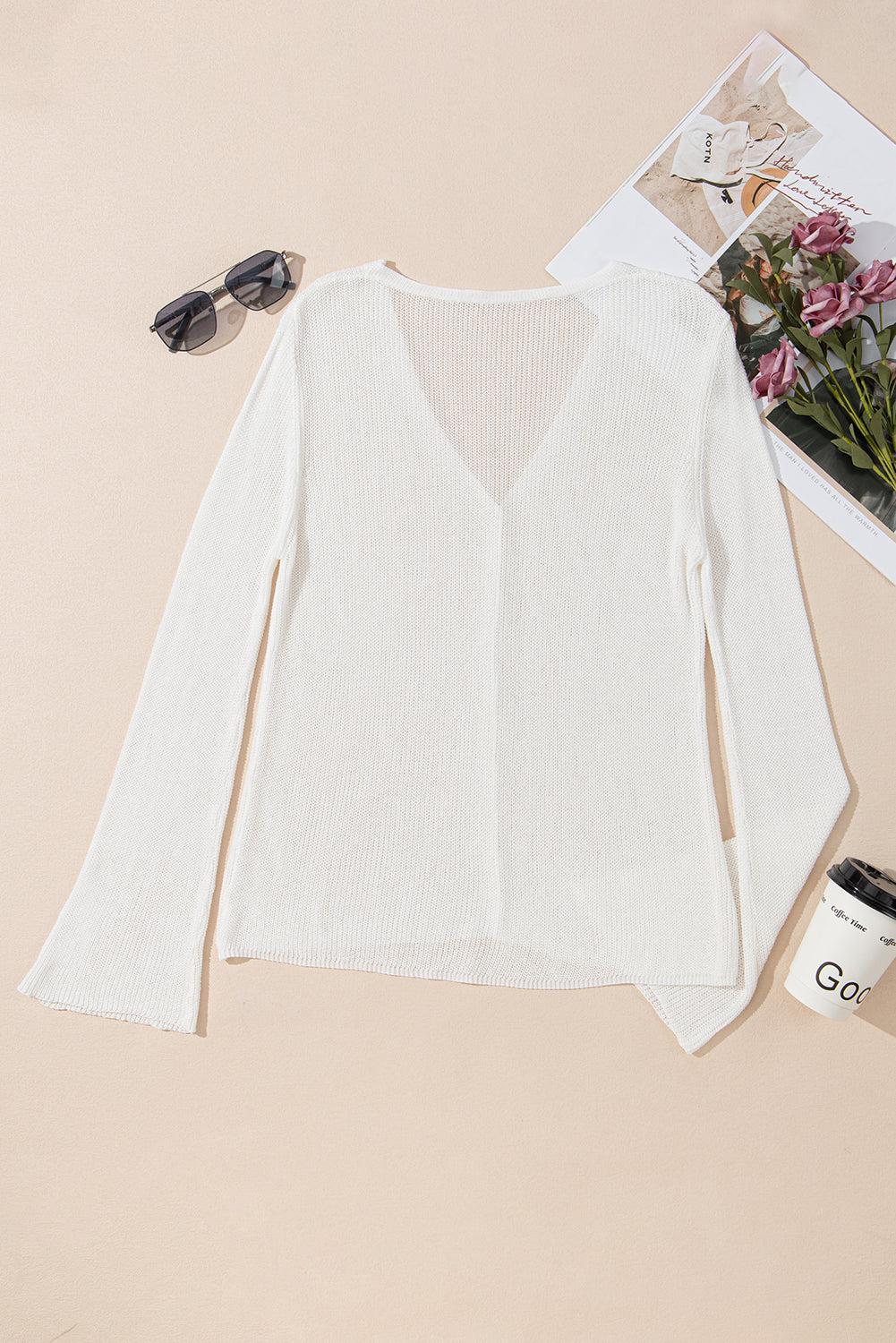 Button Lightweight V-Neck Front Bell Sleeve Cardigan Knit Top