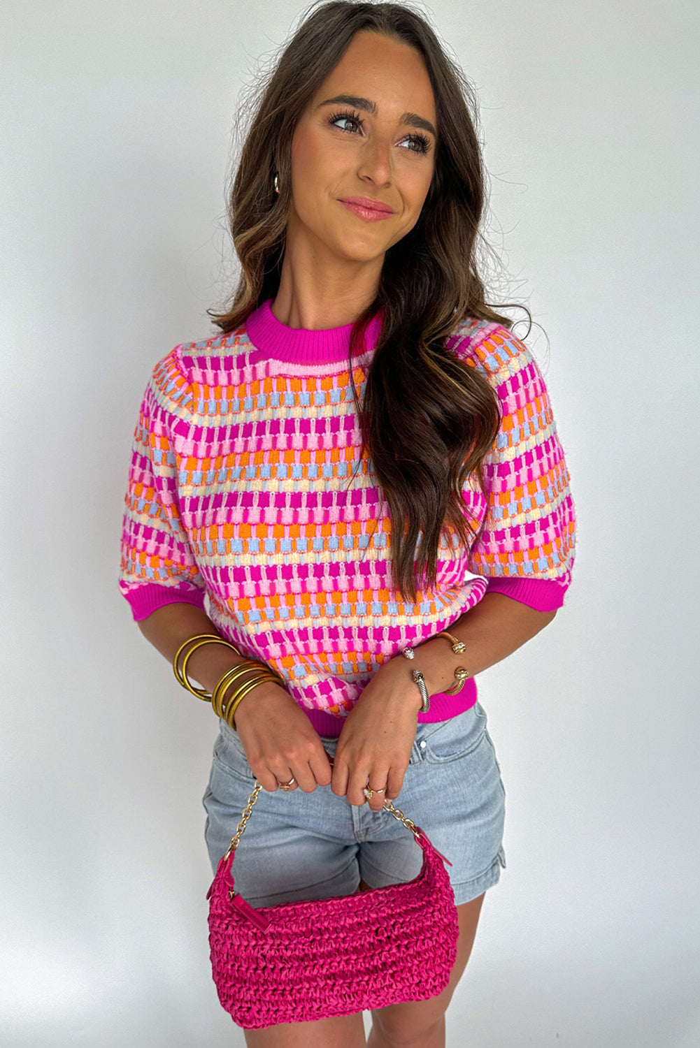Striped Knitted Short Sleeve Sweater Top