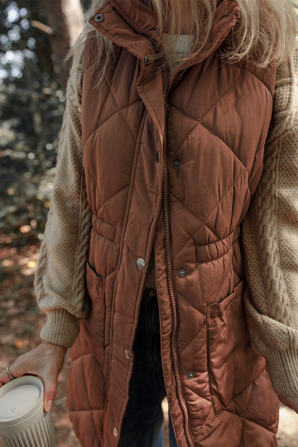 Women's Vest Featuring Puffer Longline Quilted Stand Collar