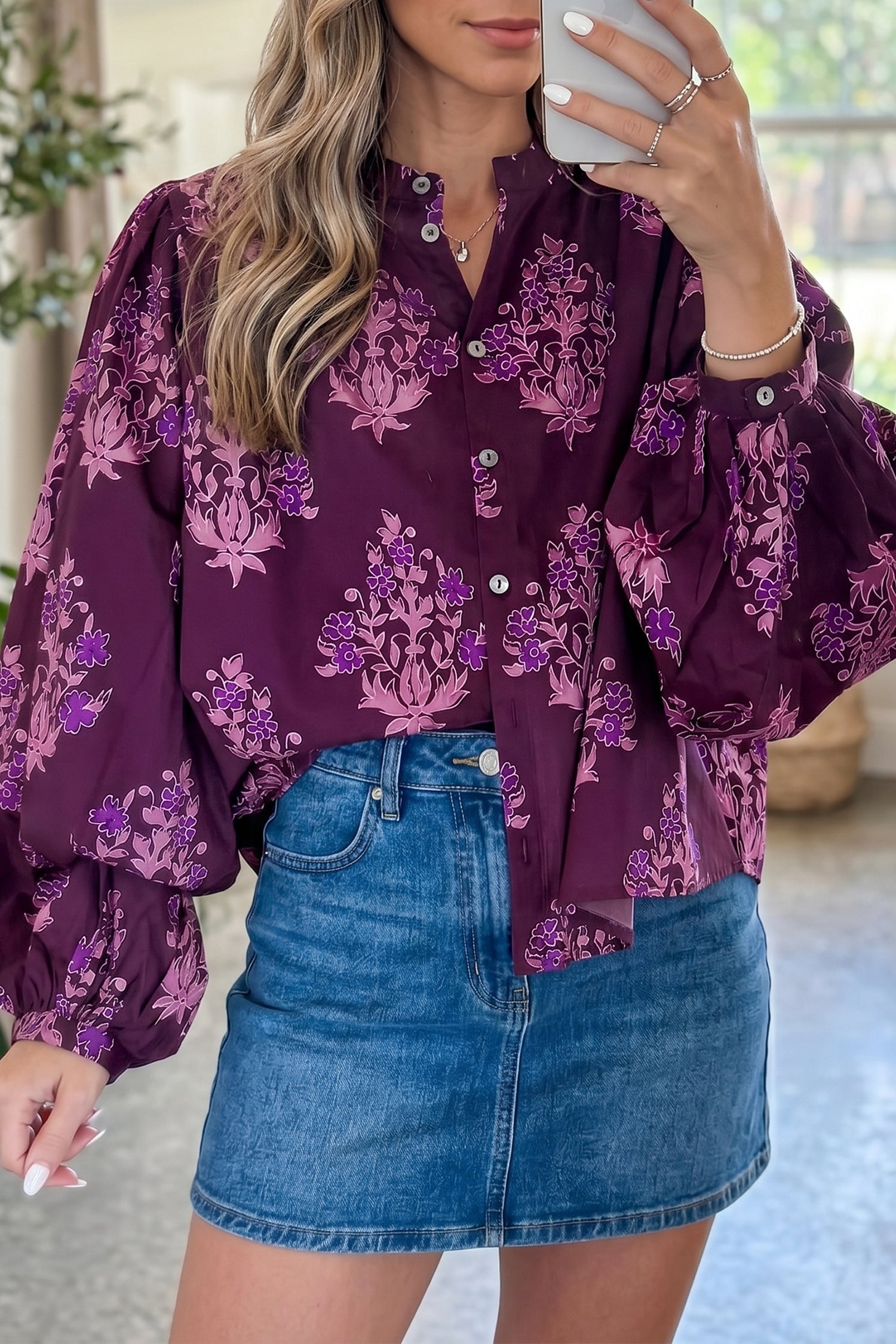 Button Front Floral-Print Front Long Puff Sleeve Shirt in Purple