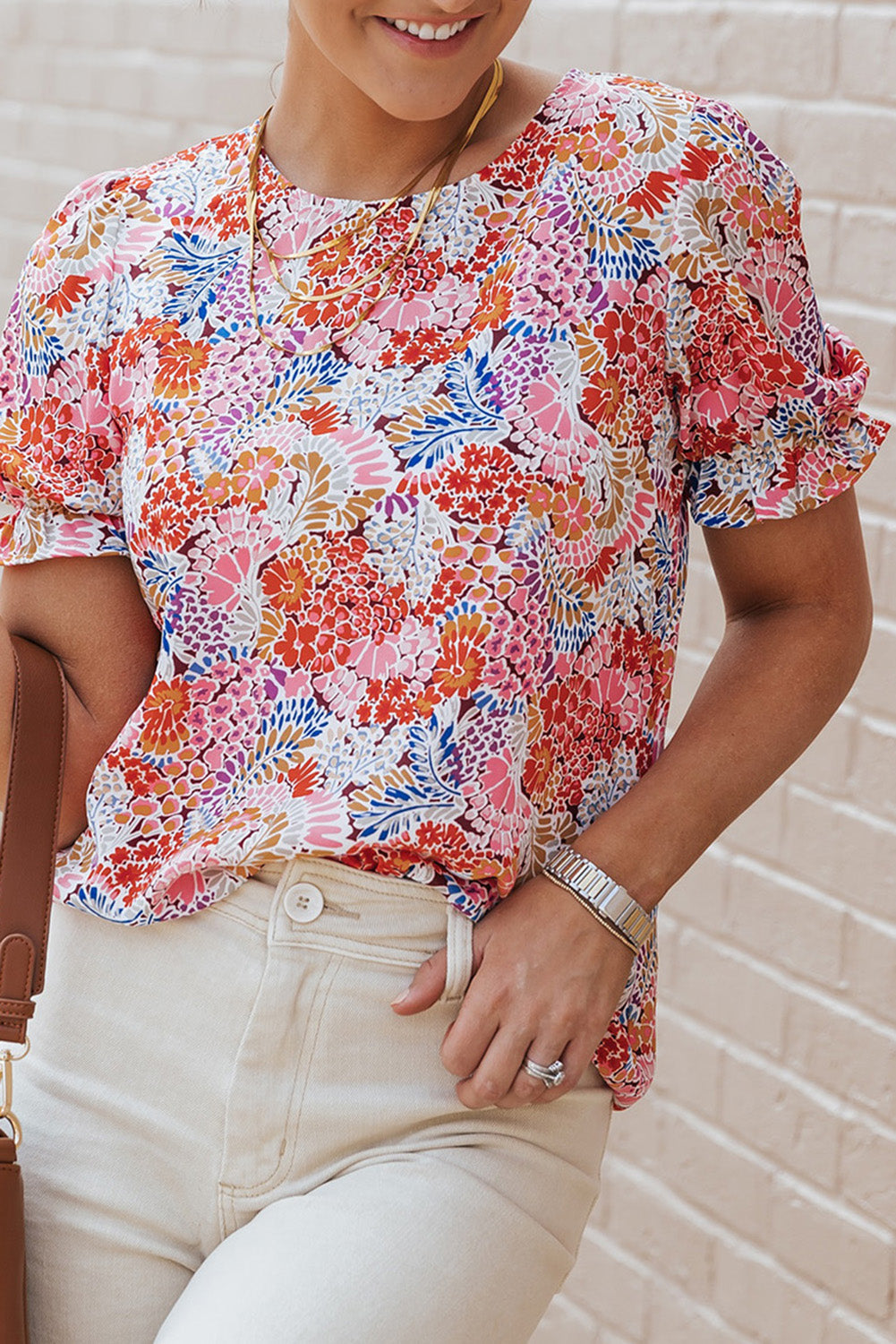 Blouse for Women Pattern Bubble Sleeve Mix Floral-Print