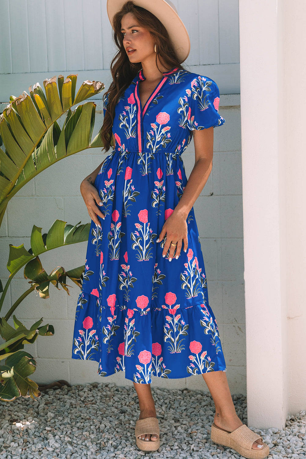 Short-Sleeved Floral Puff Maxi Dress in Blue