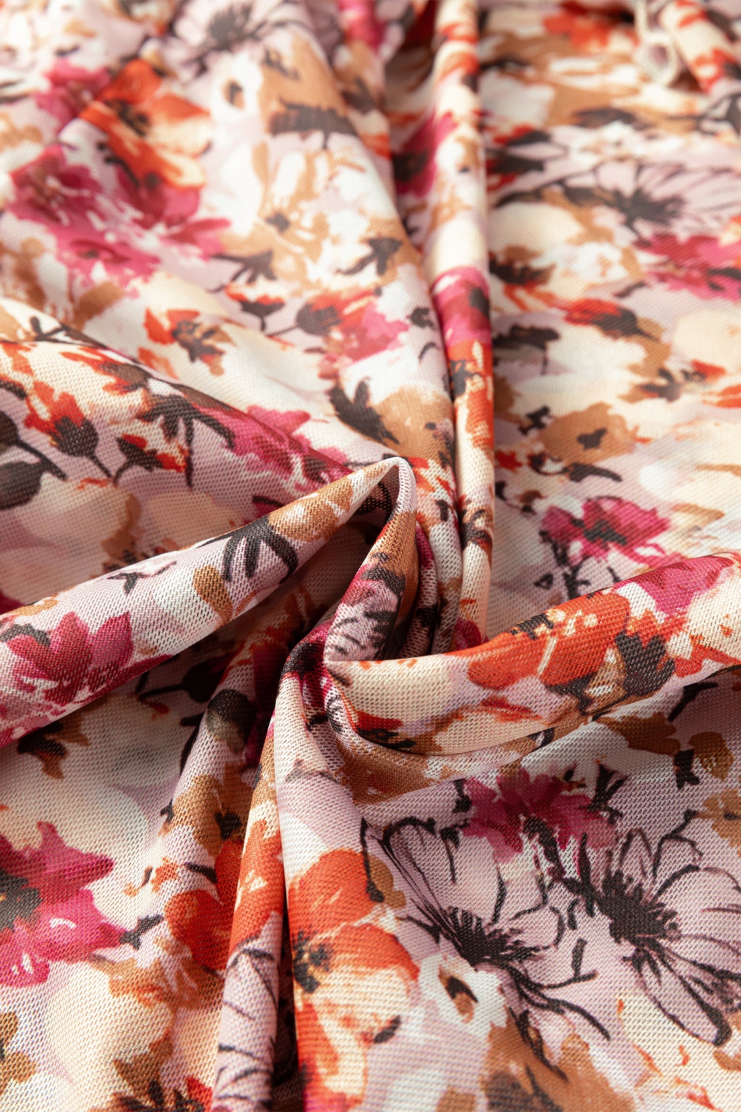 Mesh Long-Sleeved Floral-Print Long-Sleeved Top in Red