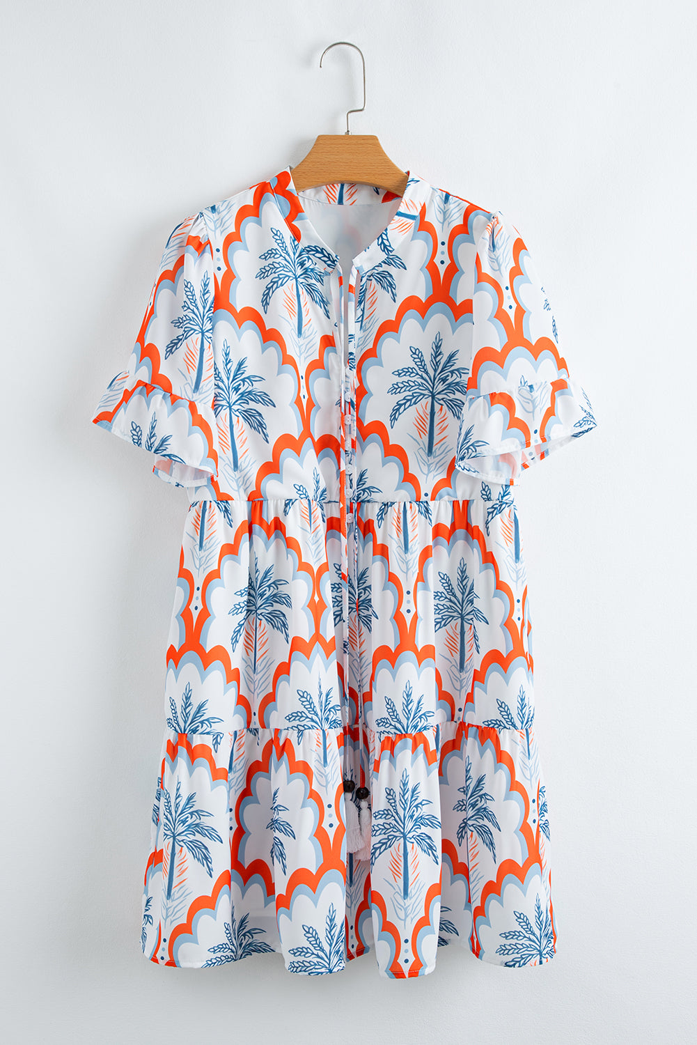 Contrast Palm Tree Printed Short Sleeve Flowy Dress