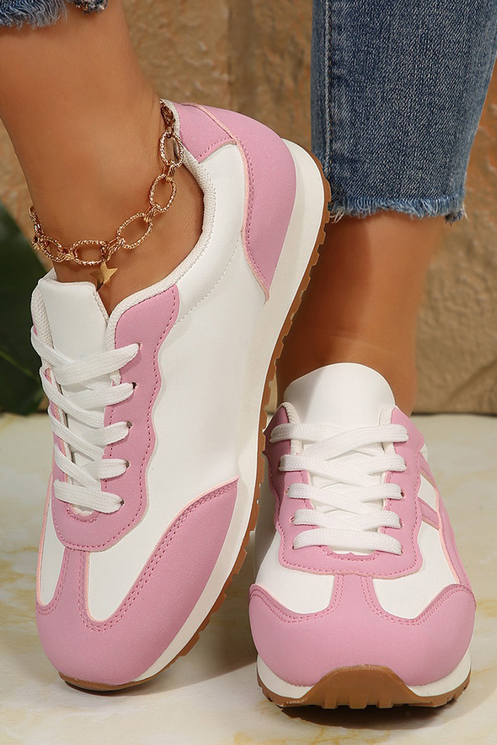 Colorblock Lace-up PU Leather Sneakers